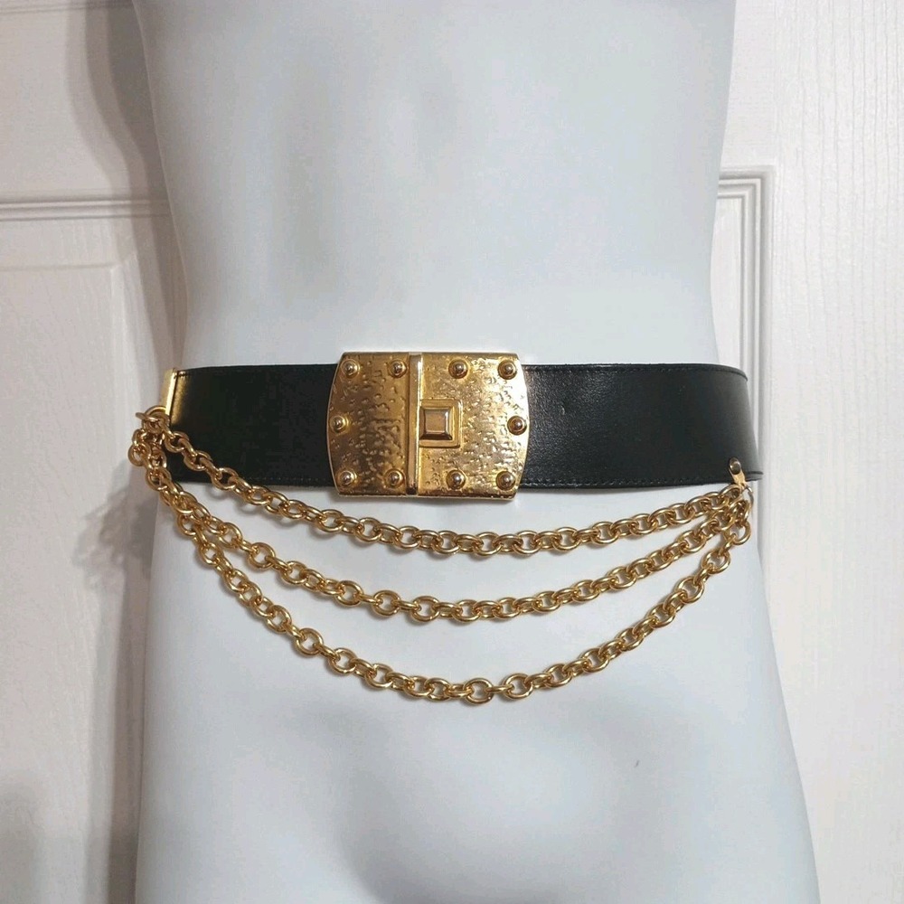 VTG The Limited Leather Gold Chain Belt Black Italy Runway SZ M - Fits 27"-29"